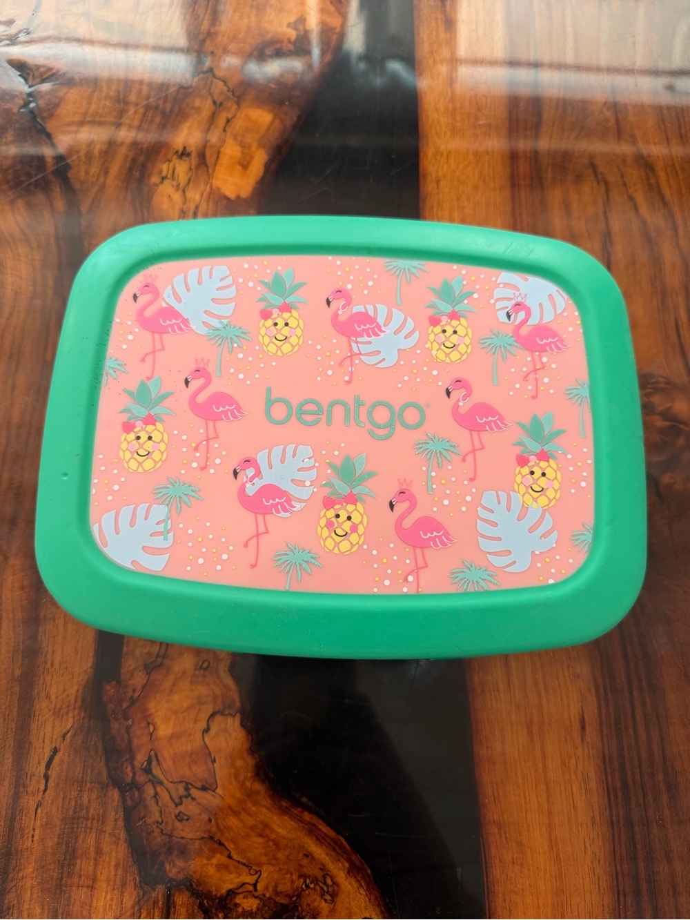 Bentgo Kids Lunch Box — Pink Flamingo & Pineapple Print with Green Rim